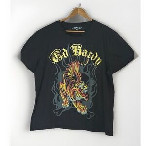 Ed Hardy Tiger Rhinestone Graphic T Shirt Mens XL Black Y2K Tattoo Biker Punk